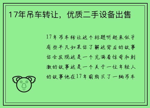 17年吊车转让，优质二手设备出售
