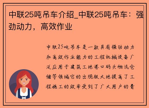 中联25吨吊车介绍_中联25吨吊车：强劲动力，高效作业